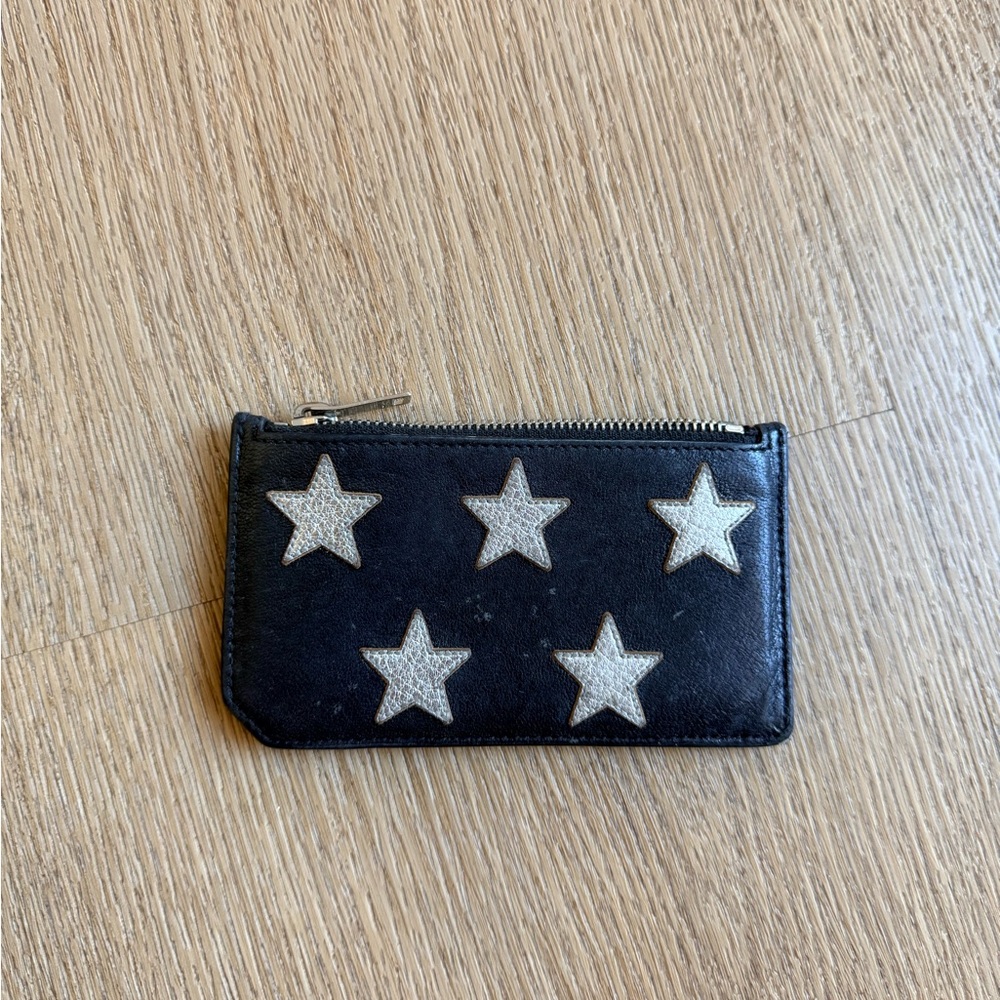 Saint Laurent Fragments Zip Card Holder Black Leather Star Appliqué Wallet